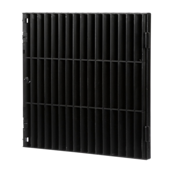 A black metal louver with holes.