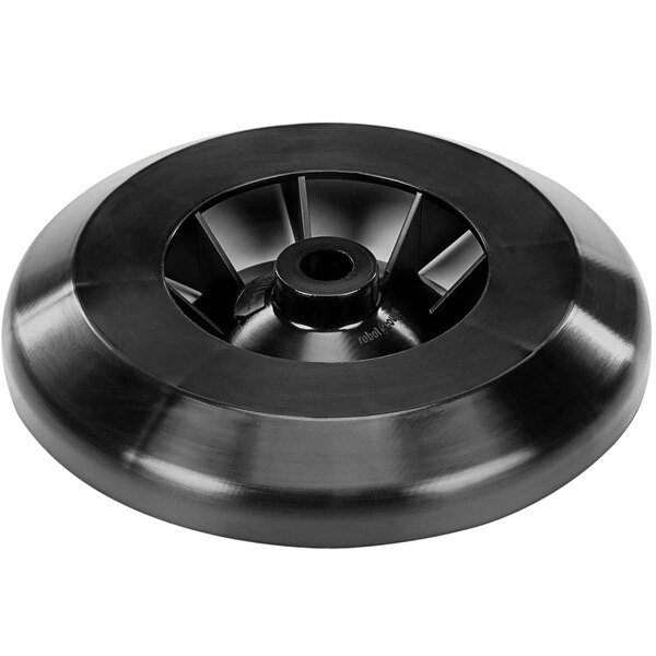 A black plastic wheel with holes and a hole in the center.