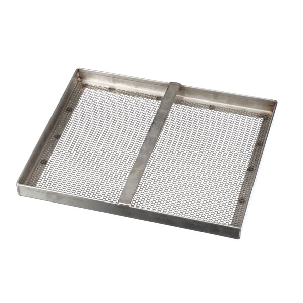 A stainless steel metal grid with a metal handle and holes.