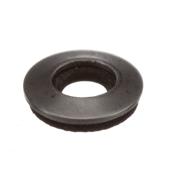 A close-up of a black round Power Soak rubber washer with a hole in the middle.
