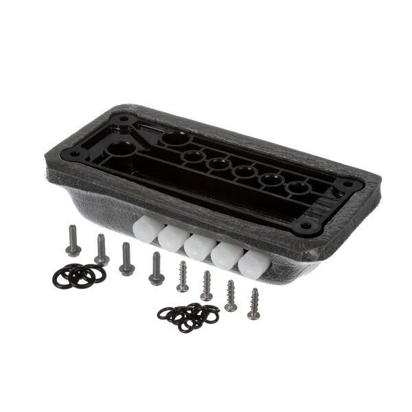 A black plastic container with white and black screws.