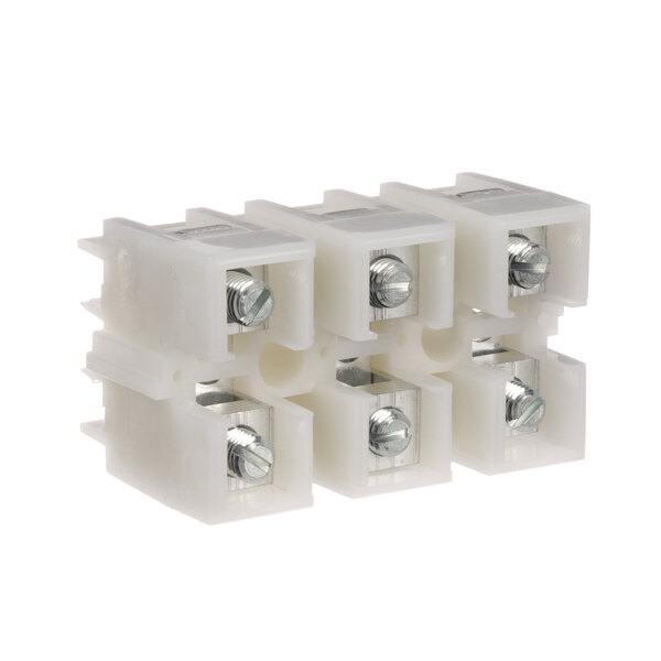 A group of white plastic Hatco terminal block connectors with screws.
