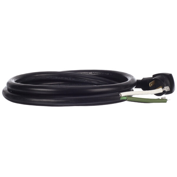A black electrical cord with a plug and green wire.