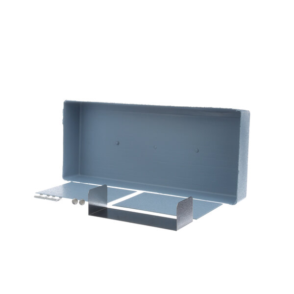 A blue metal box with a metal shelf inside.