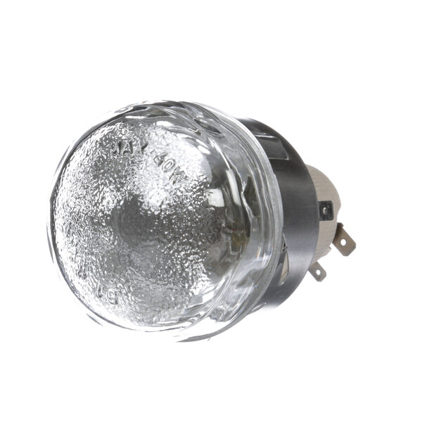 A close-up of a clear glass light bulb with a metal base.