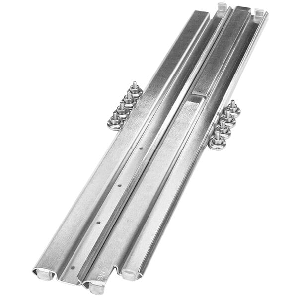 A pair of stainless steel Vulcan drawer slides with bolts.