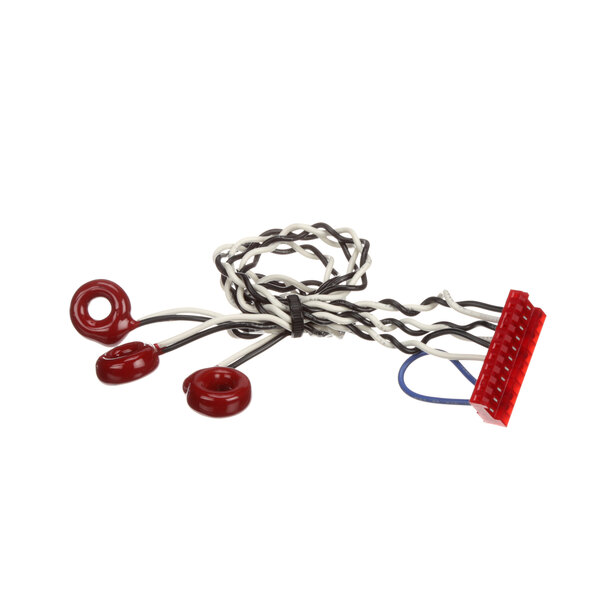 A red and black cord with two wires, each with a red object attached, on a white background.