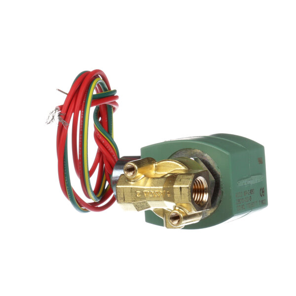 A green and gold Baxter solenoid valve with red and green wires.