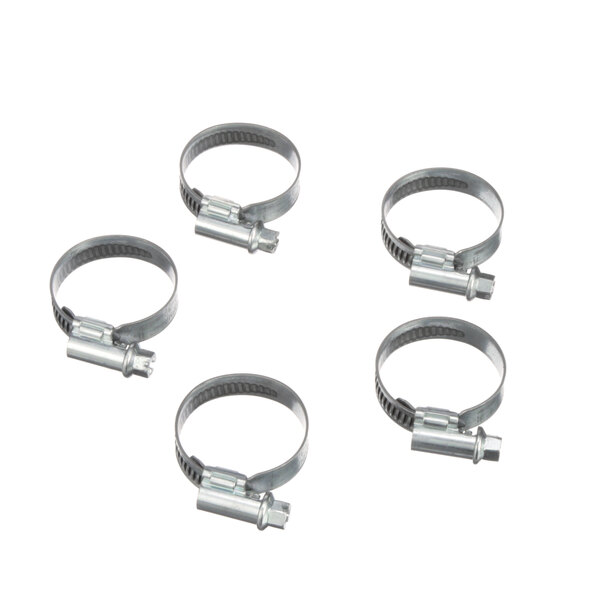 A pack of five Rational stainless steel hose clamps.