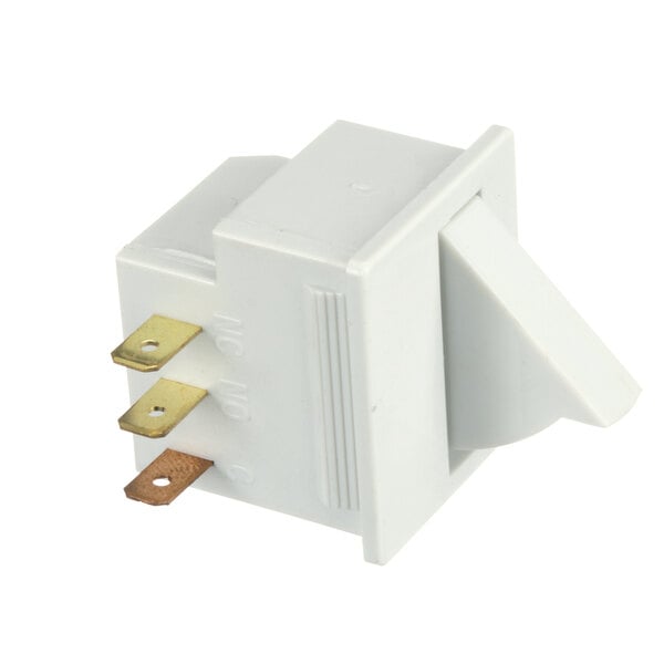 A white electrical device with a knob and a rectangular hole in the middle.