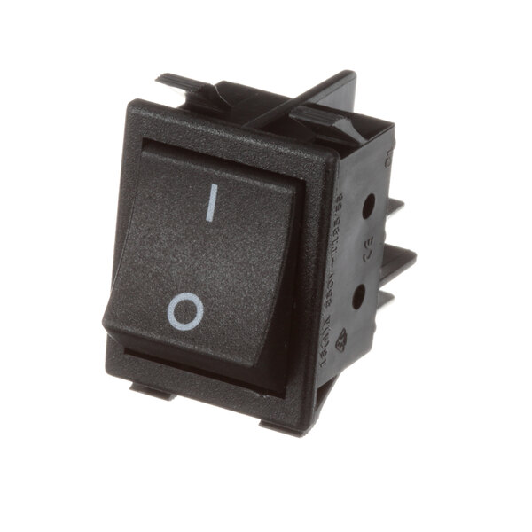 A black rocker switch with white lettering on the button.