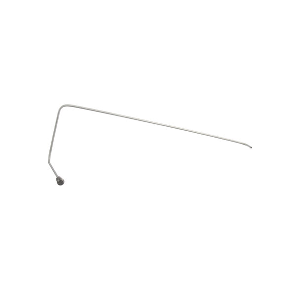 A long thin metal rod with a white and grey metal rod with a small hook on the end.