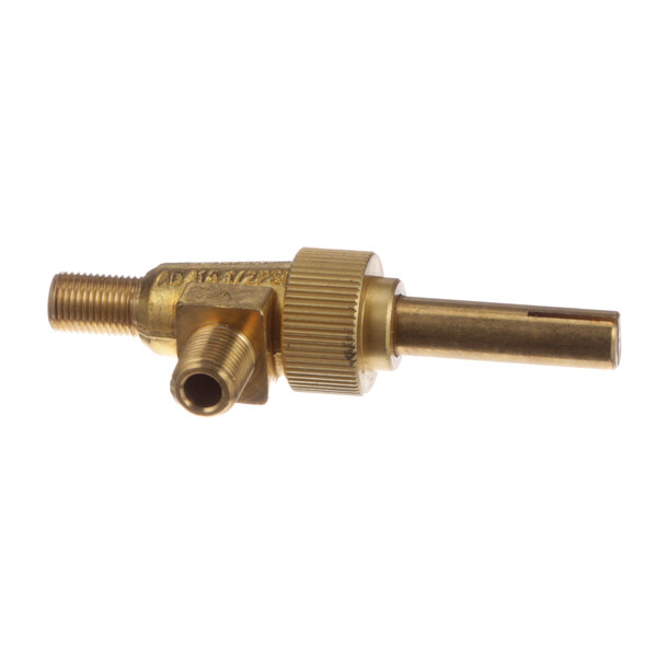 A brass Vulcan burner valve with a brass connector and a nut.