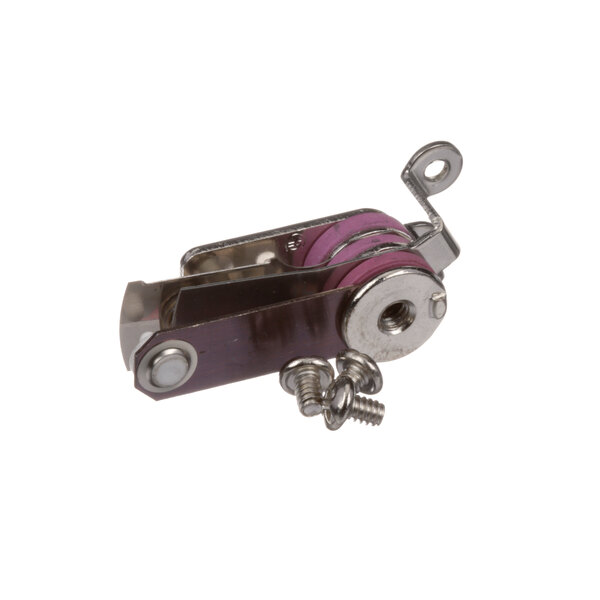 A close-up of a purple and silver metal Delfield thermostat clamp with screws.