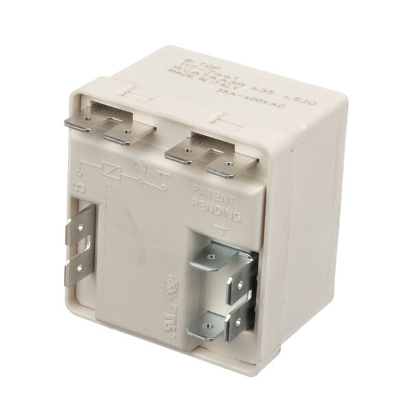 A white Delfield relay with metal parts and two terminals.