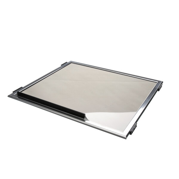 A silver rectangular slider with a black border on a glass tray.