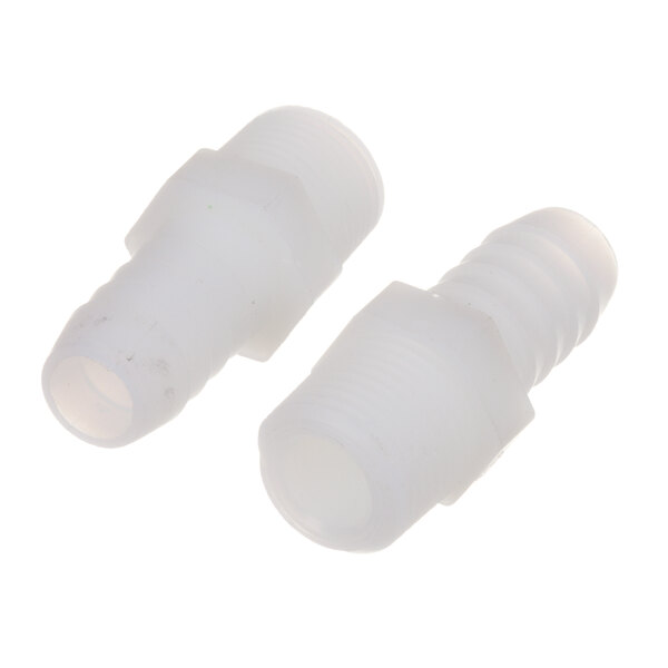 A close-up of two white plastic fittings.