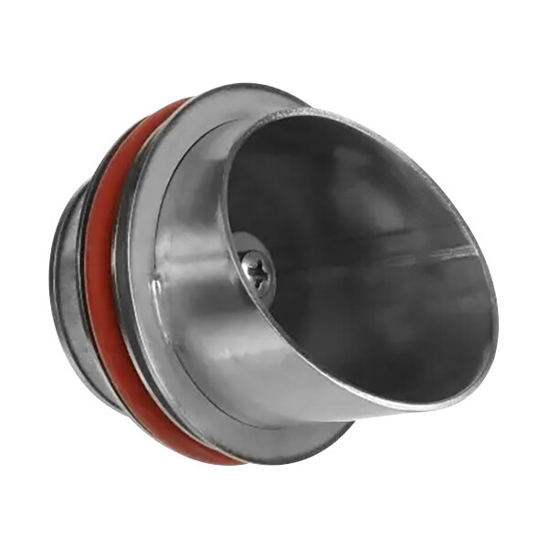 A stainless steel pipe with a red rubber stopper.