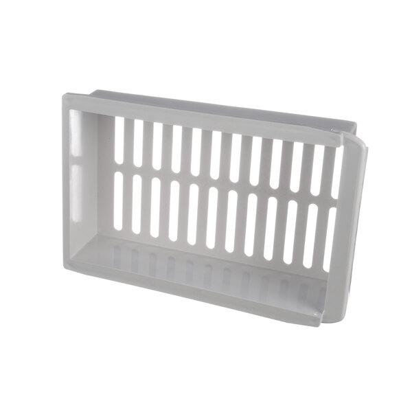 A white plastic bag support shelf with holes.