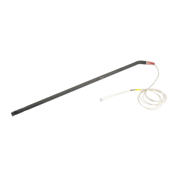 A long metal rod with a white cable and a black metal rod with a white wire.