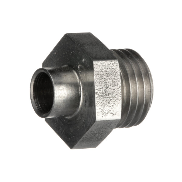 A close-up of a metal threaded pipe fitting with aluminum threading.
