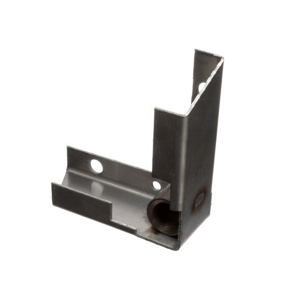 A metal corner bracket with holes on the side.
