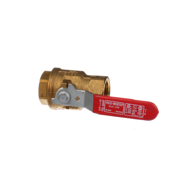 A close-up of a Groen brass ball valve with a red handle.