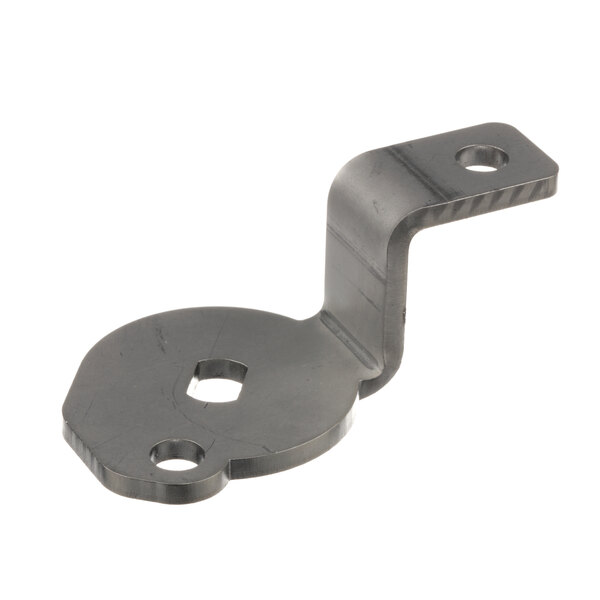 A black metal bracket with two holes.