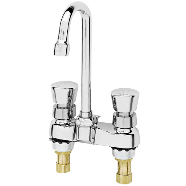 A T&S chrome deck mounted faucet with a rigid gooseneck nozzle and two brass knobs.