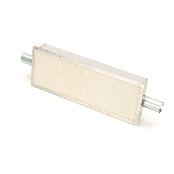 A white rectangular metal object with a metal frame and white cover.
