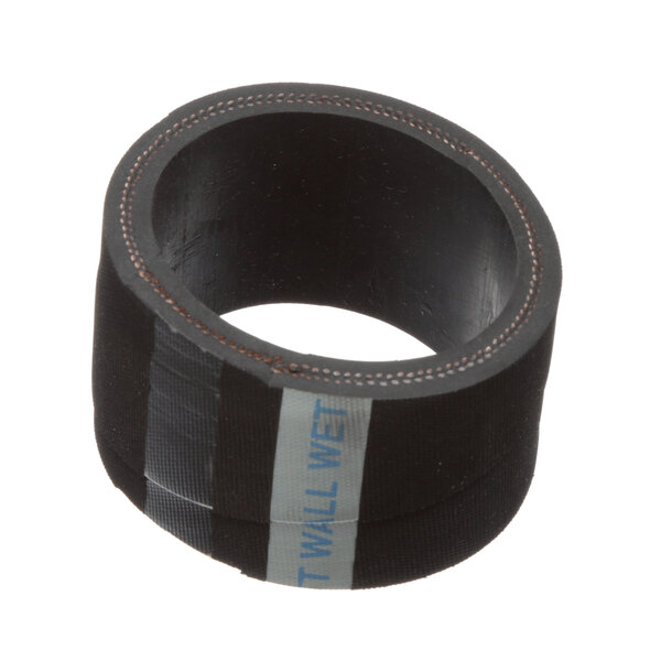 A black rubber tube with a blue stripe and white text.