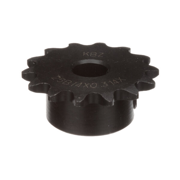A black metal sprocket with a hole.