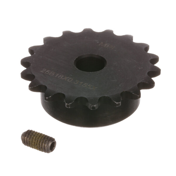 A black gear with a small screw on a black surface.