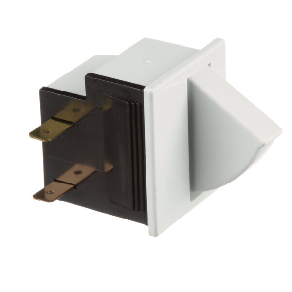 A white and black Delfield momentary rocker switch with a black cover.