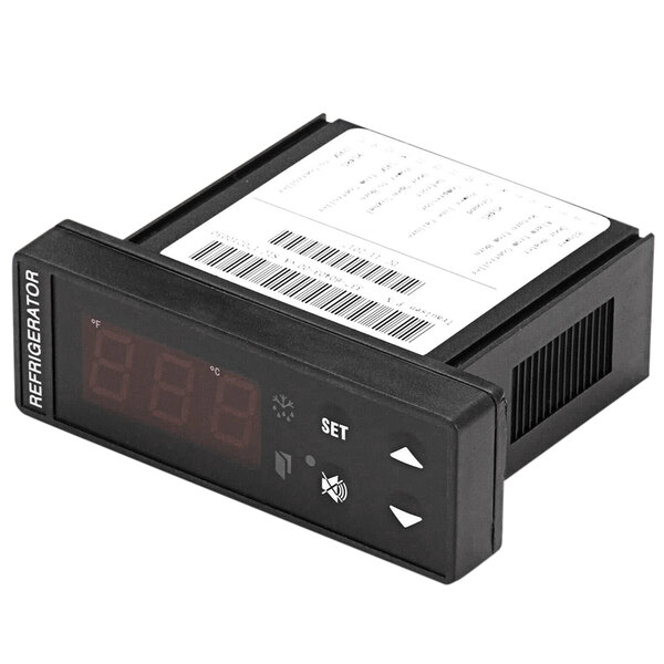 A black electronic Traulsen digital temperature controller with a white label.
