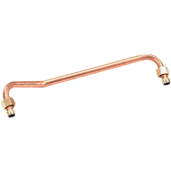 A copper pipe with a brass elbow attached.