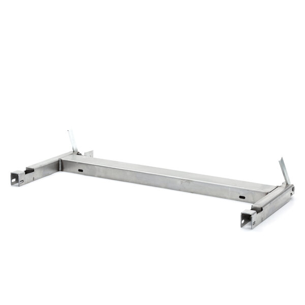 A metal frame with a long rectangular metal object and two metal brackets.