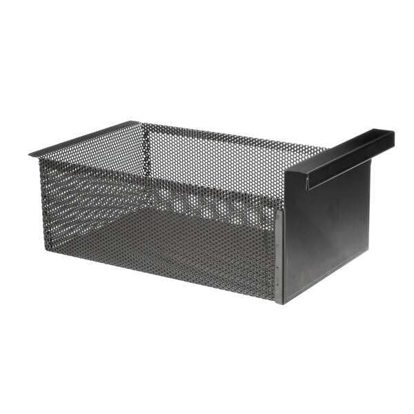 A black metal mesh Pitco crumb basket with a handle.