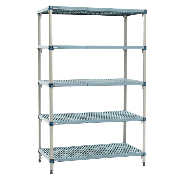 A MetroMax Q metal shelving unit with four shelves and wheels.