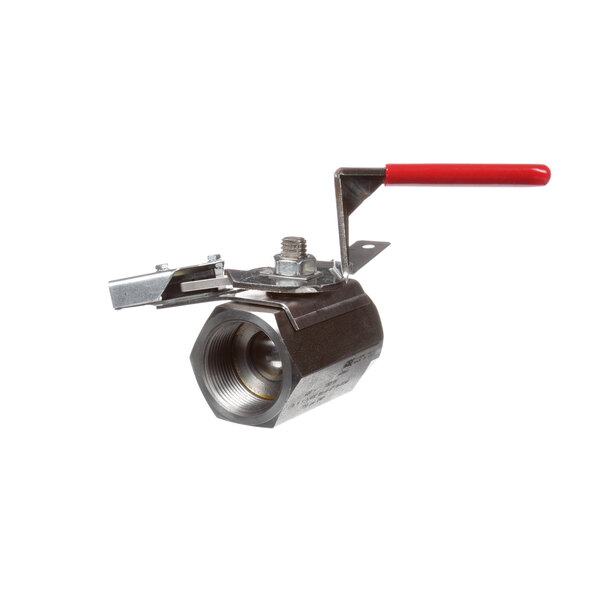 A stainless steel Frymaster valve assembly with a red handle.