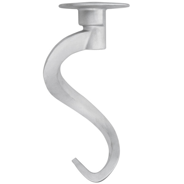 A silver curved metal dough hook with a round base.