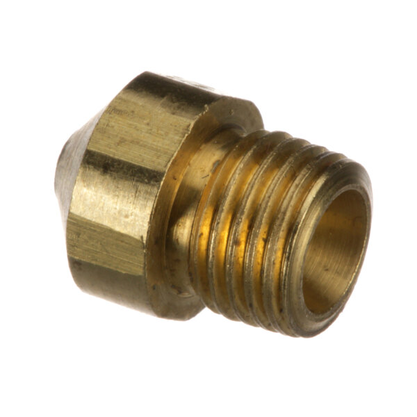 A close-up of a brass threaded nozzle.