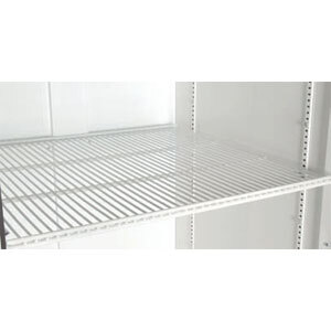 A white coated wire shelf with a metal rack.