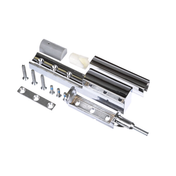 A Delfield stainless steel hinge assembly with screws and nuts.