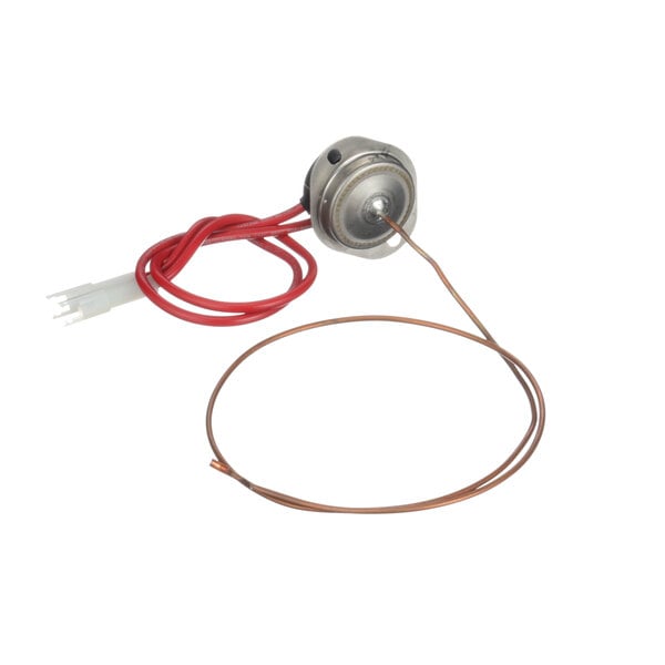 A round metal Hobart Hi-Limit thermostat with a long wire.