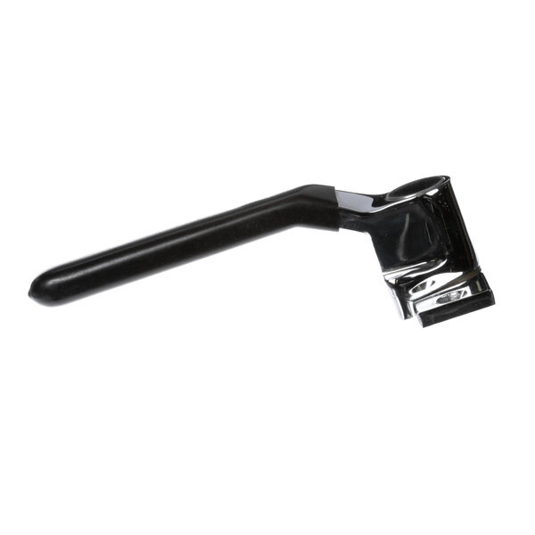 A black plastic handle with a metal latch on a white background.