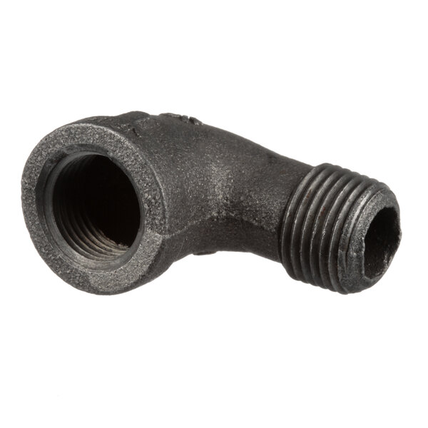 A black pipe fitting with a threaded nut on one end.