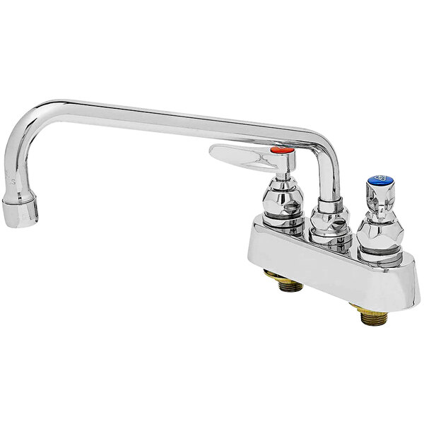 A chrome T&S deck-mounted workboard faucet with two handles and a 10" swing nozzle.