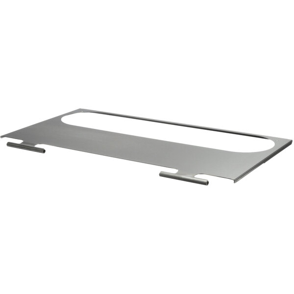 A silver metal rectangular lid with a long handle.