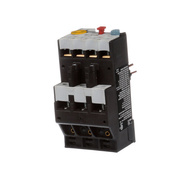 A black and white Blakeslee Relay Overload with three wires and two switches.